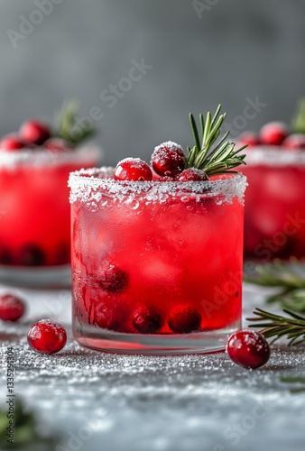 Refreshing Cranberry Cocktails With Ice and Garnishes on a Textured Background