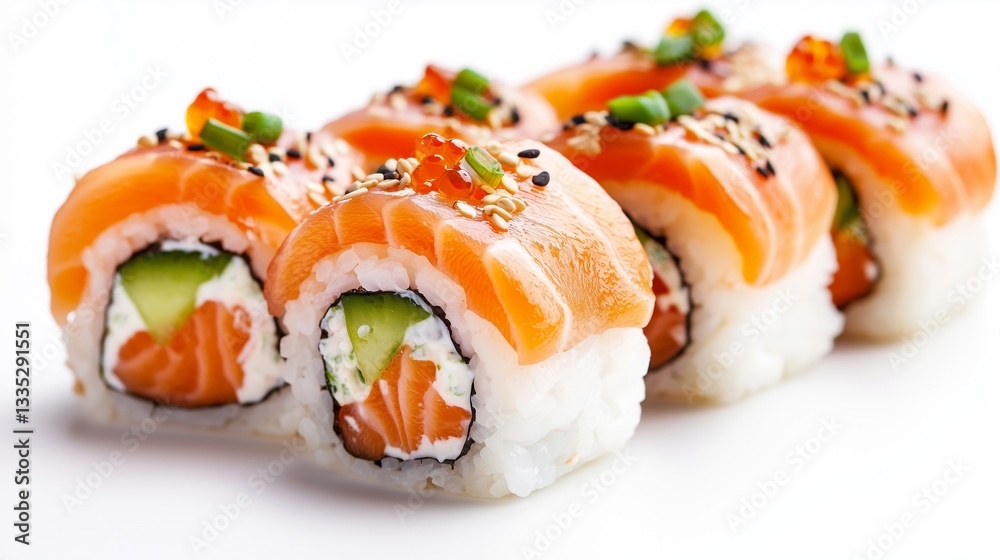 Close-up of gourmet sushi rolls with fresh salmon, cream cheese, avocado, and sesame seeds on white background. Close-up of gourmet sushi rolls with fresh salmon, cream cheese, avocado, and sesame seeds on white background.