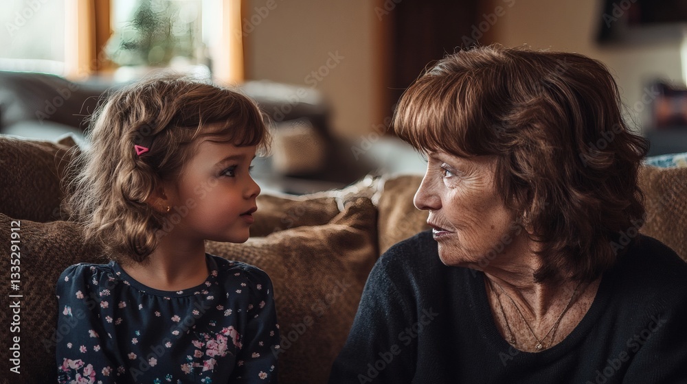 Fototapeta premium A young girl converses with her grandmother on a sofa