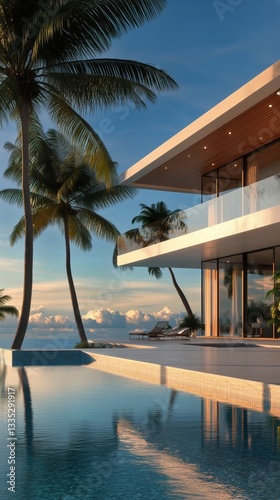 Modern Beachfront Villa With Infinity Pool at Sunset Surrounded by Palm Trees