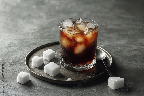 Refreshing Iced Beverage With Sugar Cubes on a Round Tray in a Cozy Setting