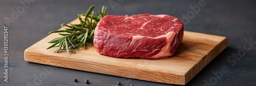 Fresh rump steak on wooden cutting board, garnished with rosemary, ready for cooking.