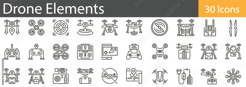Drone Elements Line Icons Set. Collection of 30 outline icons representing drone tools, equipment, and flying elements. Editable stroke vector illustration. Drone Elements Line Icons Set. Collection of 30 outline icons representing drone tools, equipment, and flying elements. Editable stroke vector illustration.