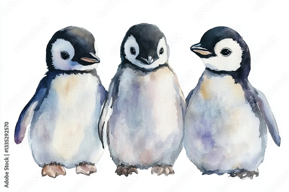 Fototapeta premium Adorable Watercolor Painting Three Baby Penguins Cute Wildlife Antarctic Animals Watercolor Illustration Penguin Chicks Watercolor Art Wildlife 