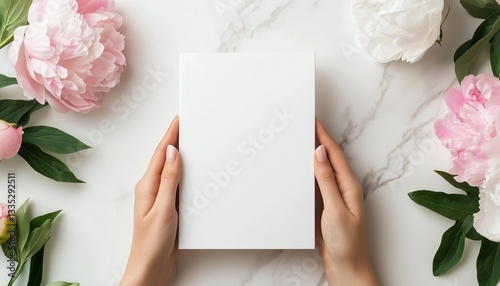Hands holding a blank white card surrounded by pink and white flowers on marble background, mockup concept.