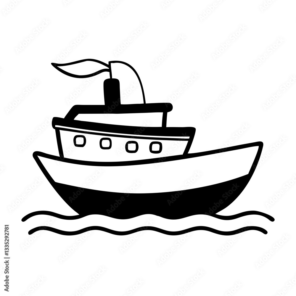 Boat icon floating on water with a flag in black and white Boat icon floating on water with a flag in black and white