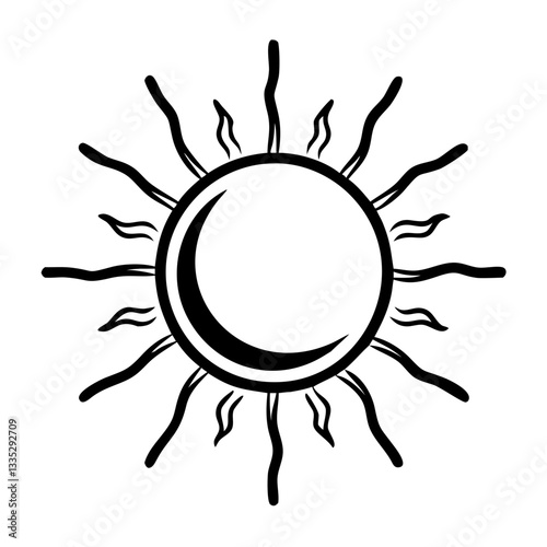 Sun icon with curved rays in black and white