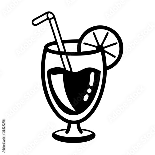Cocktail drink icon with straw and lemon slice in black and white
