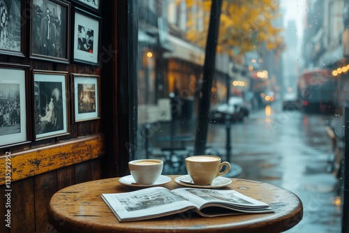 Cozy Cafe Interior With a Cup of Coffee and Newspaper on a Wooden Table Durin...
