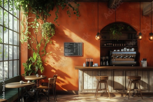Cozy Cafe Interior With Lush Greenery and Warm Lighting During Daylight Hours