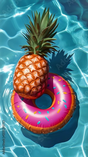 Bright Summer Fun With Pineapple and Donut Float in a Refreshing Blue Pool