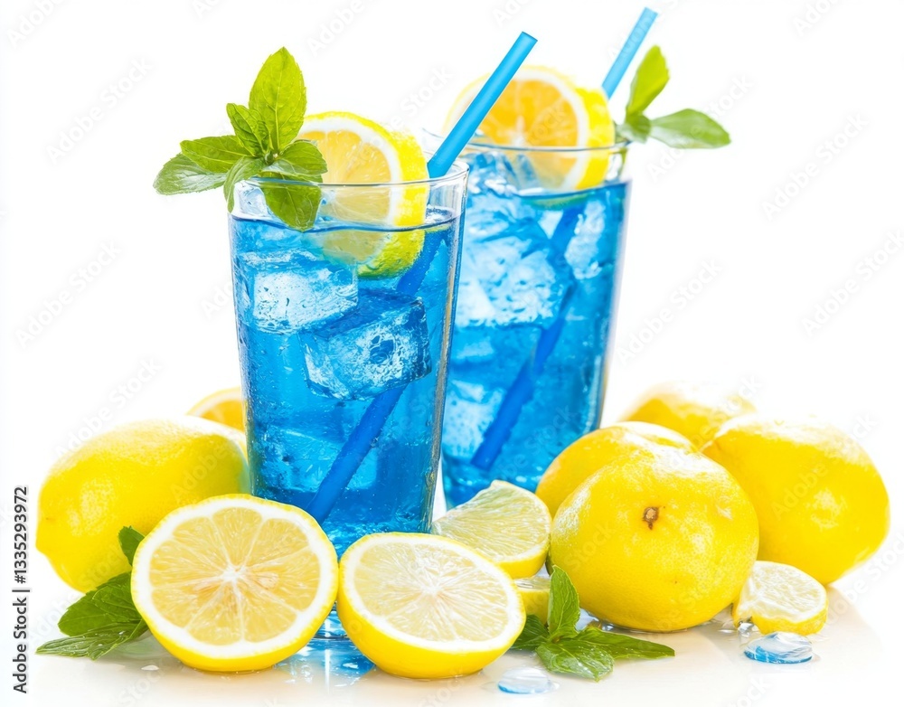 Blue lemonade drinks with lemons and ice Blue lemonade drinks with lemons and ice