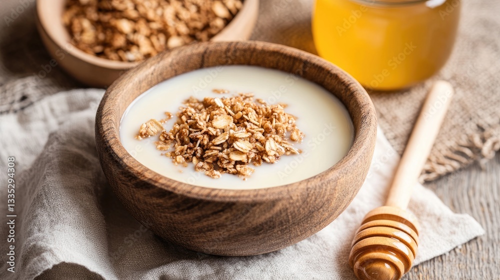 A rustic breakfast setup featuring a bowl of granola and milk, a jar of honey, and a wooden spoon resting on a linen cloth. A rustic breakfast setup featuring a bowl of granola and milk, a jar of honey, and a wooden spoon resting on a linen cloth.
