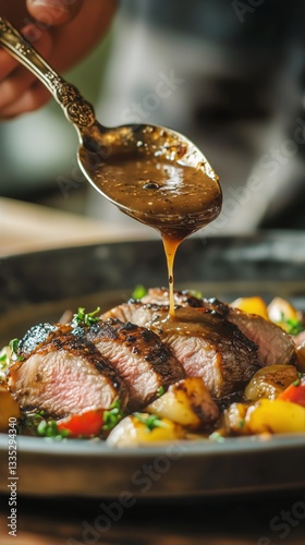 Chef Garnishing a Gourmet Beef Dish With Sauce in a Fine Dining Kitchen