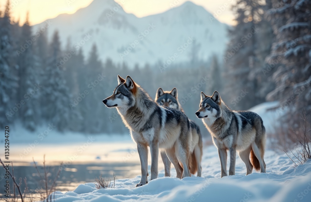 Naklejka premium Three wolves in snowy winter forest. Wild pack in nature, mammal with grey fur. Cold, white landscape. Predator in wilderness of Canada or America. Fierce animal, forest background.