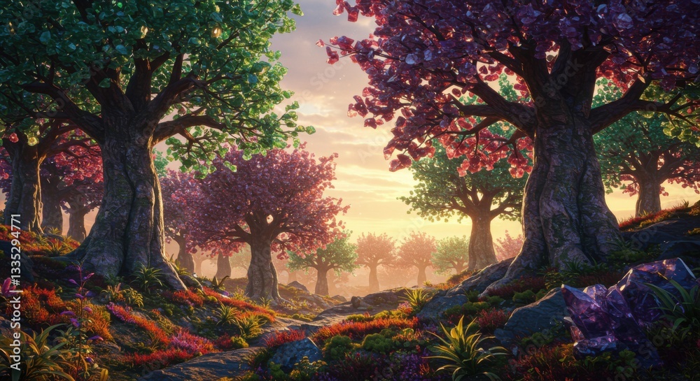 Fototapeta premium Fantasy landscape depicts a path winding through a forest of trees with leaves in shades of green and magenta, bathed in the warm light of a setting or rising sun