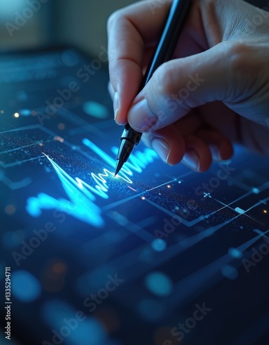 Digital signature lighting up screen. Hand seals agreement with futuristic flourish. Authentication, transmission, endorsement concept. Digital document, electronic formality, futurism. Security