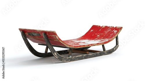 A vintage red sled with a weathered finish, designed for winter fun and snow activities.
