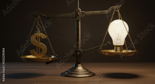 A vintage balance scale with a dollar sign on one side and a lit light bulb on the other, symbolizing the comparison of financial value and innovative ideas