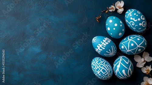 Decorated blue Easter eggs on dark blue textured background with spring blossoms
