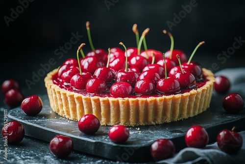 Delicious Cherry Tart Placed on a Black Slate With Fresh Cherries Around It