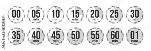 Minute Timer, clock, stopwatch, Countdown timer, cooking time icon set. 0, 5, 10, 15, 20, 25, 30, 35, 40, 45, 50, 55, 60 min and 1 hour Timer, clock, stopwatch isolated set icons, symbols, label.