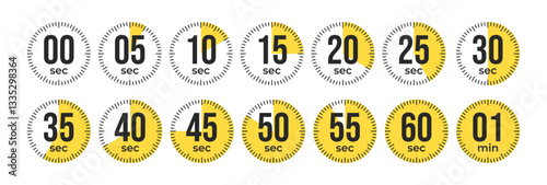 Second Timer, clock, stopwatch, Countdown timer, cooking time icon set. 0, 5, 10, 15, 20, 25, 30, 35, 40, 45, 50, 55, 60 second and 1 minute dial. Blue color isolated set, symbol. Vector illustration