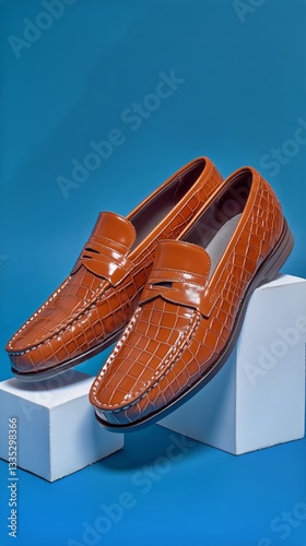 Stylish Brown Loafers Showcased Against a Modern Blue Backdrop