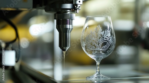 Laser engraving process on a crystal wine glass showcasing intricate design with precision machinery in a workshop setting
