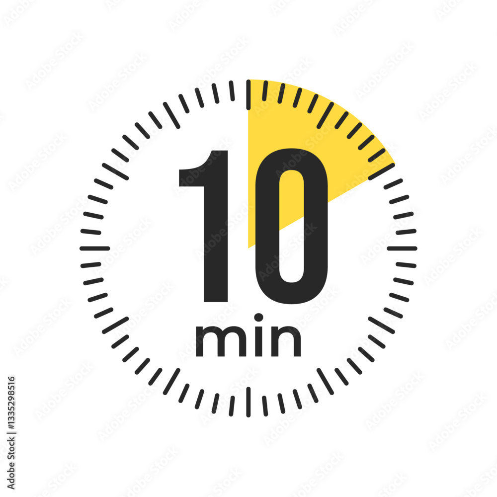 Fototapeta premium 10 or ten minute Timer, clock, stopwatch isolated icons. Countdown timer symbol. Label cooking time. Minute timer, Time measure, Chronometer, Alarm, Kitchen timer, label, sticker, stamp. Vector