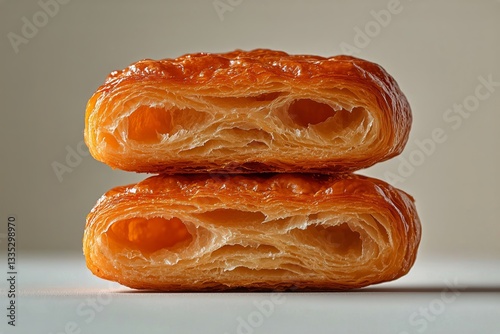 Flaky and Golden Pastries Stacked on a Light Background in a Close-Up View