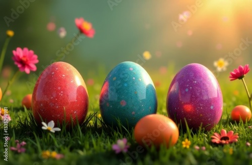 Vibrant assortment of painted eggs in various hues resting on soft grass, accented with cheerful flowers. This delightful scene embodies spirit of Easter and springtime joy, great for card designs.