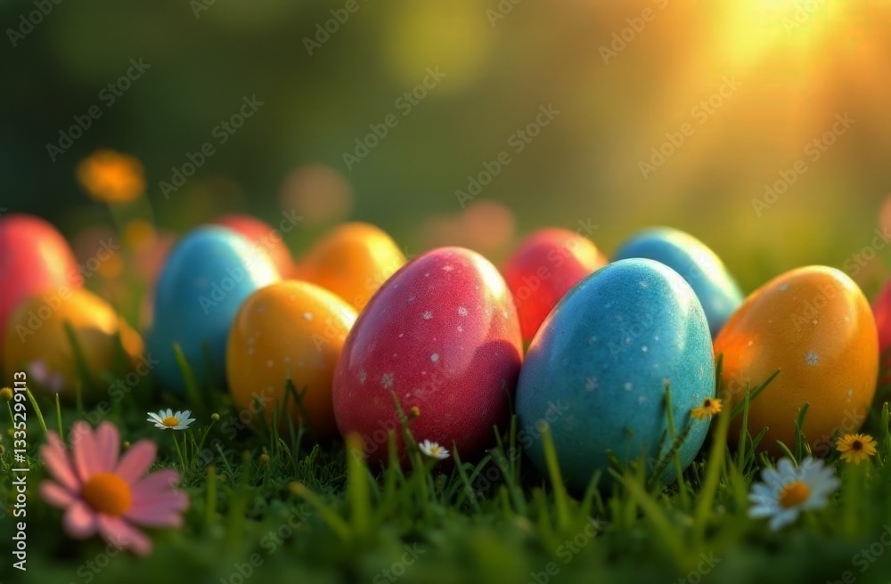 Eye catching display of decorated Easter eggs scattered among fresh green grass, colorful daisy flowers, creating enchanting atmosphere of spring holidays. Perfect illustration for festive greetings. Eye catching display of decorated Easter eggs scattered among fresh green grass, colorful daisy flowers, creating enchanting atmosphere of spring holidays. Perfect illustration for festive greetings.