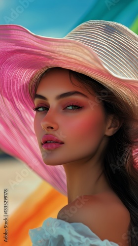 Beautiful Young Woman in Wide-Brimmed Hat Against Vibrant Beach Background Du...