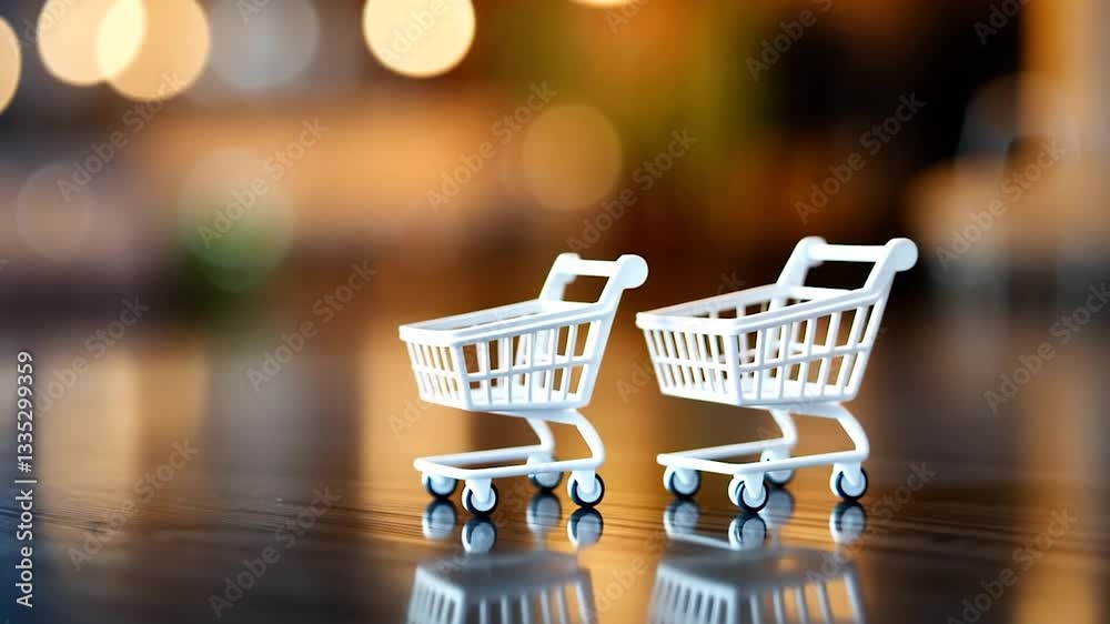 Miniature shopping carts on a reflective surface with blurred lights in the background