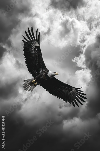 Blending of eagle in flight with stormy clouds, signifying freedom and challenge