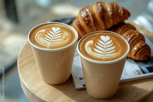 Delicious Coffee and Croissant at a Cozy Cafe on a Sunny Morning