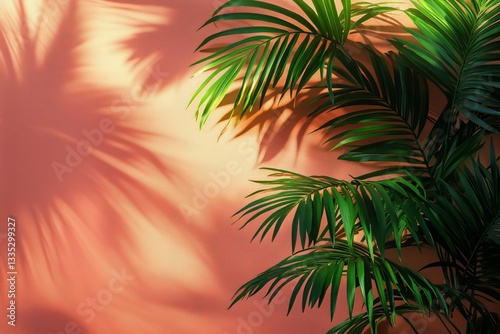 Shadows of Vibrant Green Leaves Against a Soft Pink Wall Create a Tranquil At...