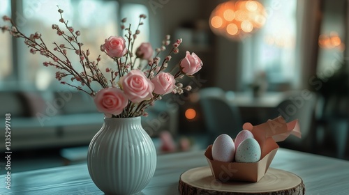 Elegant Spring Decor Featuring Flowers and Pastel Eggs in a Cozy Setting