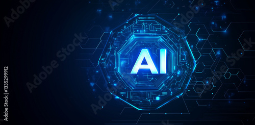 Futuristic blue hexagon shape with glowing text 