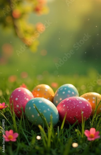 Eye catching display of decorated Easter eggs scattered among fresh green grass, colorful daisy flowers, creating enchanting atmosphere of spring holidays. Perfect illustration for festive greetings.