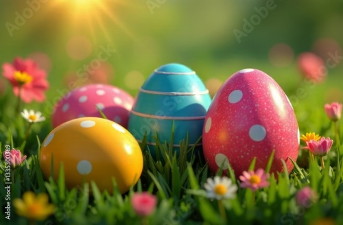 Colorful collection of Easter eggs nestled in lush green grass, surrounded by delicate daisies, vibrant flowers, capturing joyful essence of spring, holiday celebrations. Perfect for greeting cards.