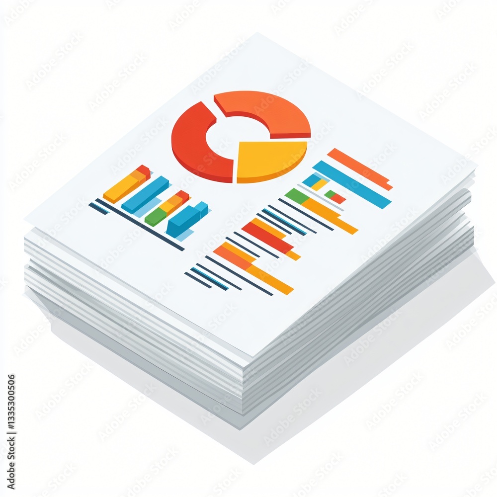Colorful Isometric Flat Icon of Document with Graph Elements on Stack of Papers