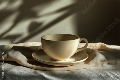Simple White Cup on Saucer With Soft Shadows and Plant in Sunlight