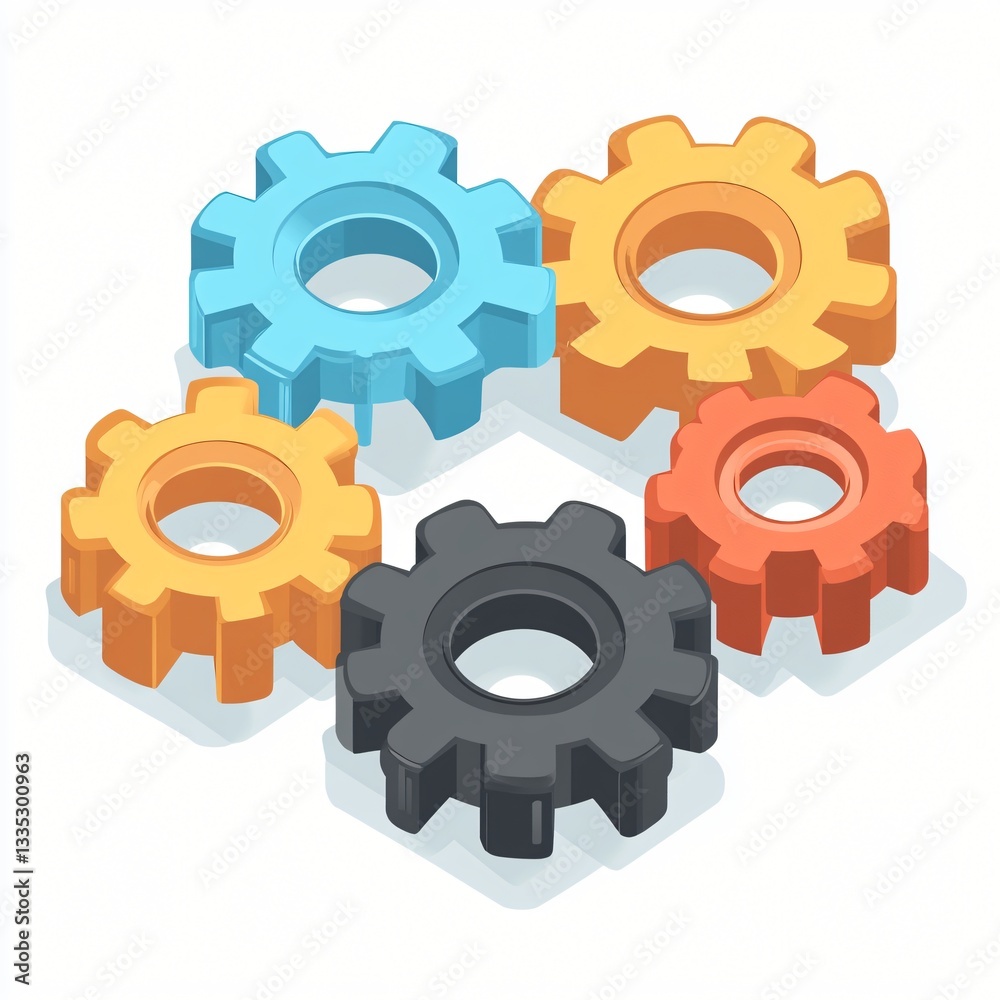 Colorful Gears Set in Isometric Style on White Background for Industrial Design and Technology Uses Colorful Gears Set in Isometric Style on White Background for Industrial Design and Technology Uses
