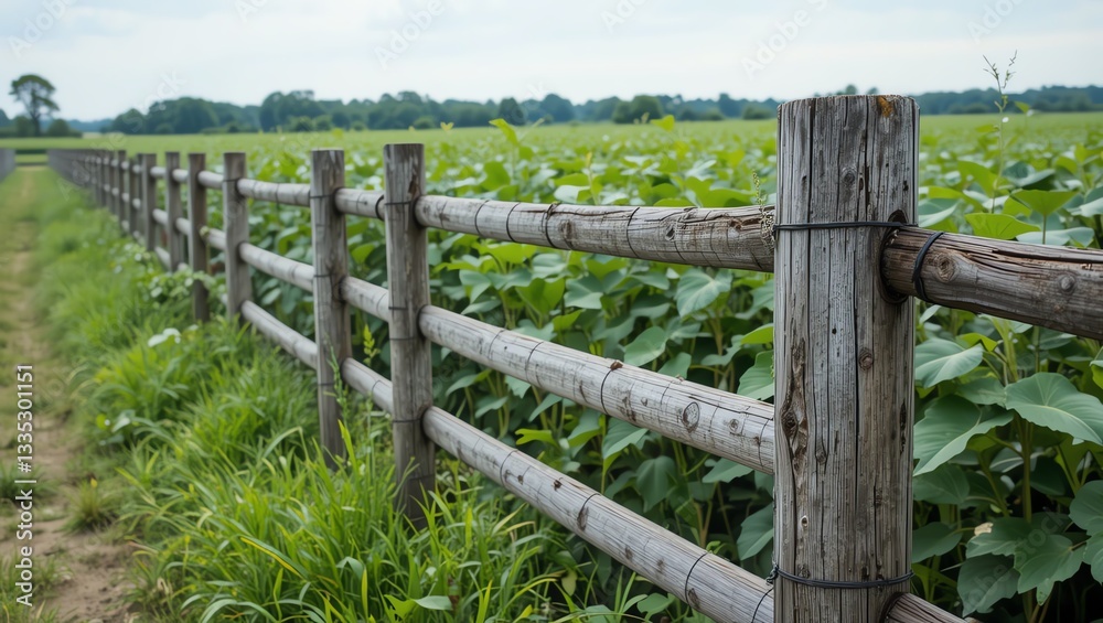 A rustic wooden fence borders a lush green field, showcasing vibrant crops and nature's beauty in a tranquil rural setting. A rustic wooden fence borders a lush green field, showcasing vibrant crops and nature's beauty in a tranquil rural setting.