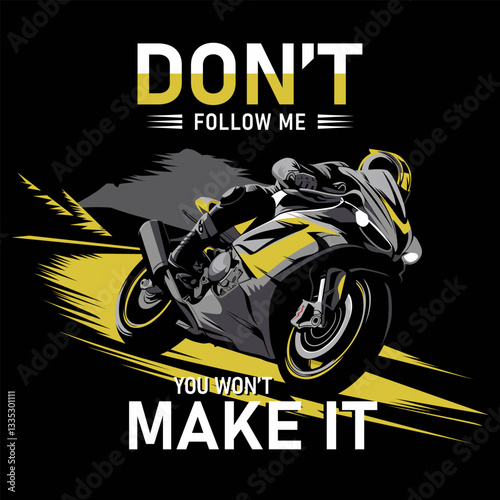 Dynamic motorcyclist design featuring bold text and a vibrant yellow-black scheme