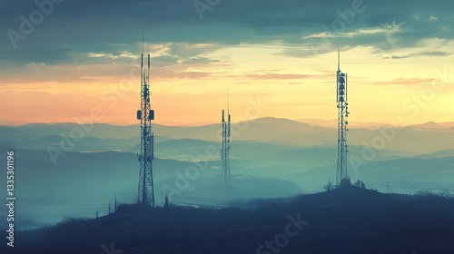 Tall communication towers against a vast landscape
