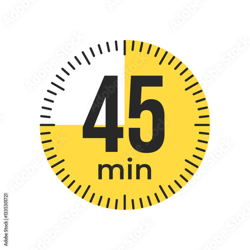 45 or forty five minute Timer, clock, stopwatch isolated icons. Countdown timer symbol. Label cooking time. Minute timer, Time measure, Chronometer, Alarm, Kitchen timer, label, sticker, stamp. Vector
