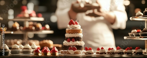 Combination of a pastry chef with a display of exquisite desserts, illustrating culinary art and indulgence